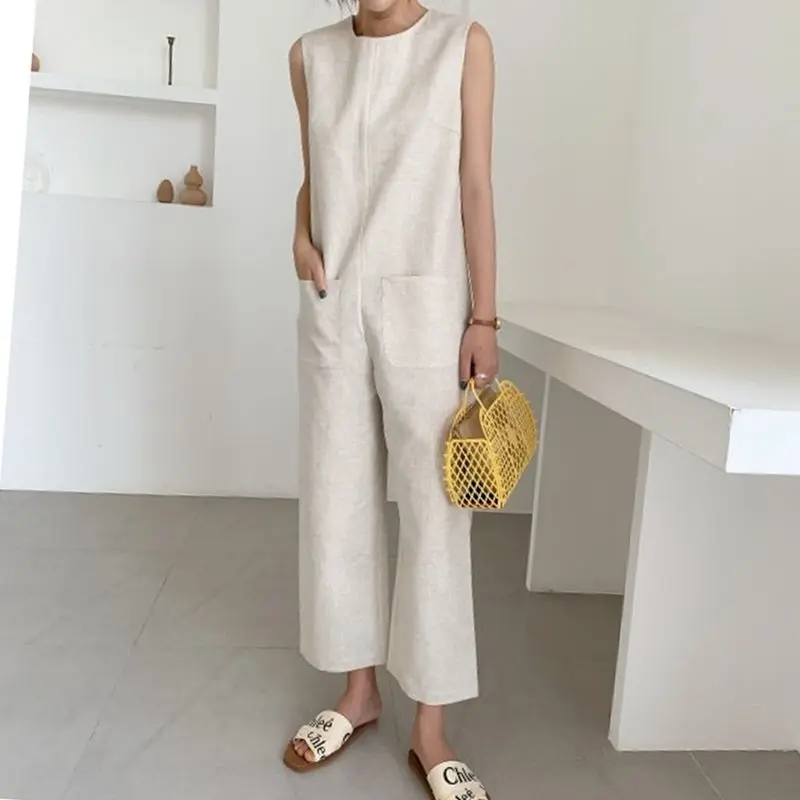 

Japan Style Casual Office Ladies Elegant Summer Jumpsuit Women Loose Straight Plain Simple Beige Travel Beach Female Rompers
