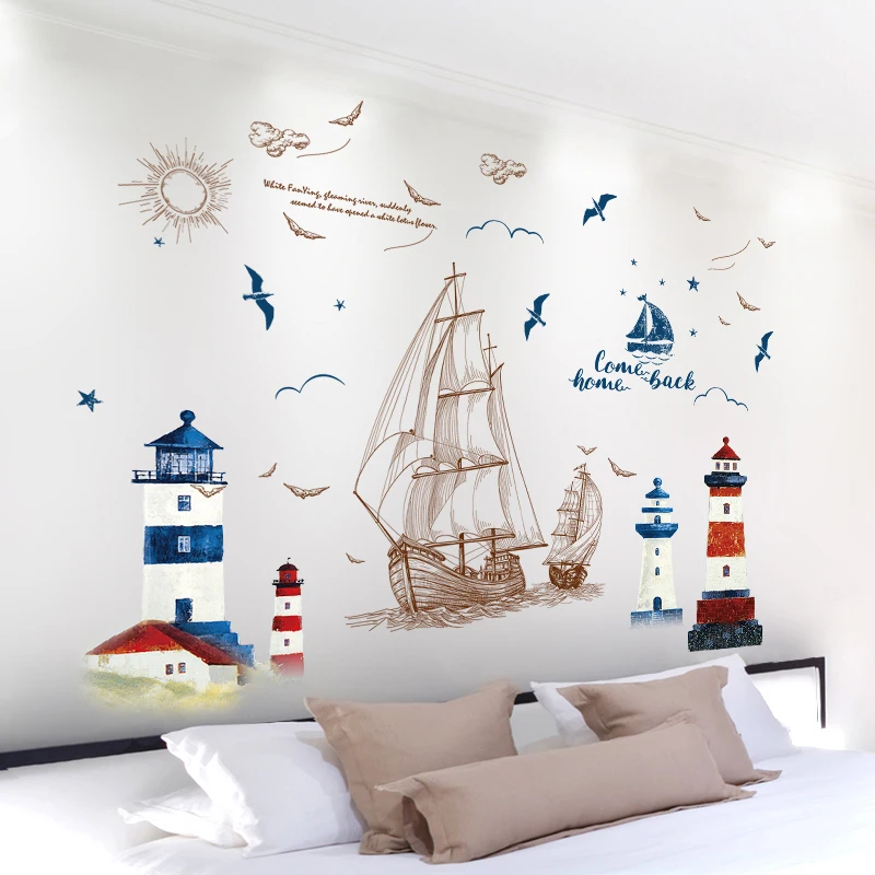 

Mediterranean Lighthouse Sailing Boat Wall Sticker PVC Material Mural Art for Living Room Sofa Backdrop Decoration Home Decor