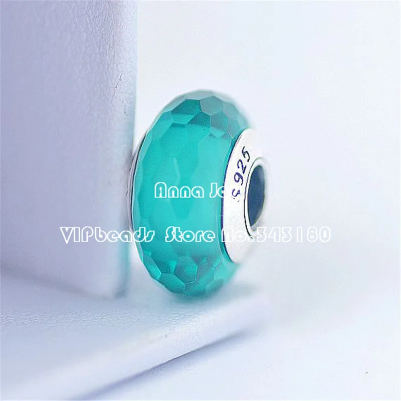 

2PCS Top Quality 925 Sterling Silver Screw Core Teal Fascinating Faceted Murano Glass Beads Fits European DIY Bracelets-ZS250