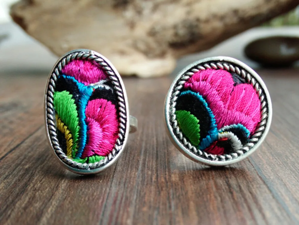 National style Embroidery rings Miao silver plated ethnic cotton
