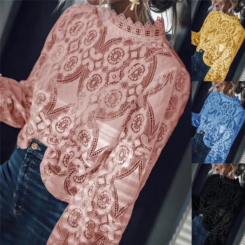 

Retro Vintage Sexy Women Lace Blouse Casual Hollow Out Shirt Femme Long Sleeve Lace Hook Flower Elegant Shirts XXL