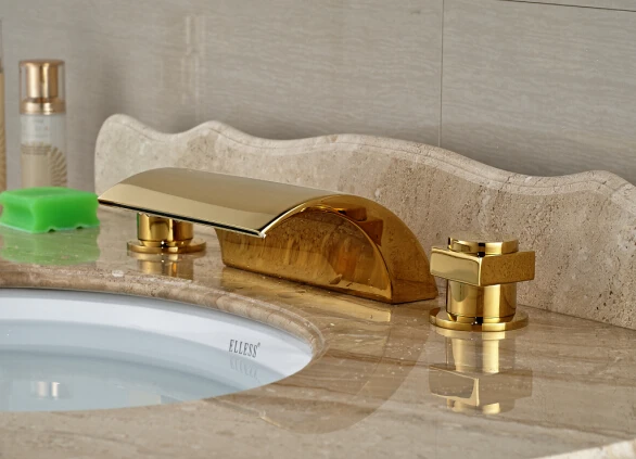 

Luxury Golden Finish Deck Mounted Bathroom Waterfall Basin 2 Handles Mixer Tap