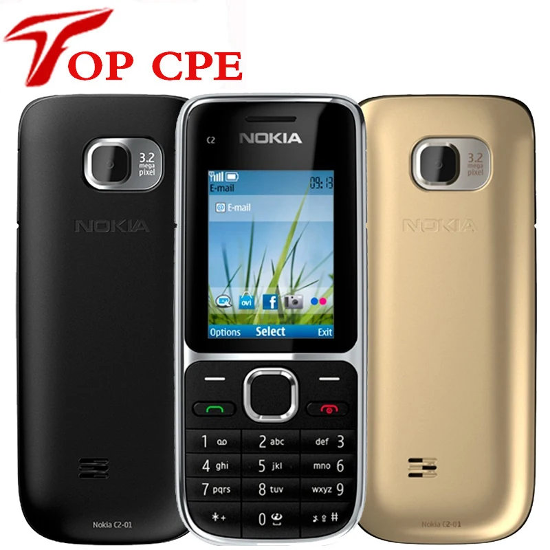 

Original Unlocked Nokia C2 C2-01 3.2MP 2.0" English/Russian/Hebrew keyboard Single Core Black/Gold 2G 3G Cellphone Mobile Phone