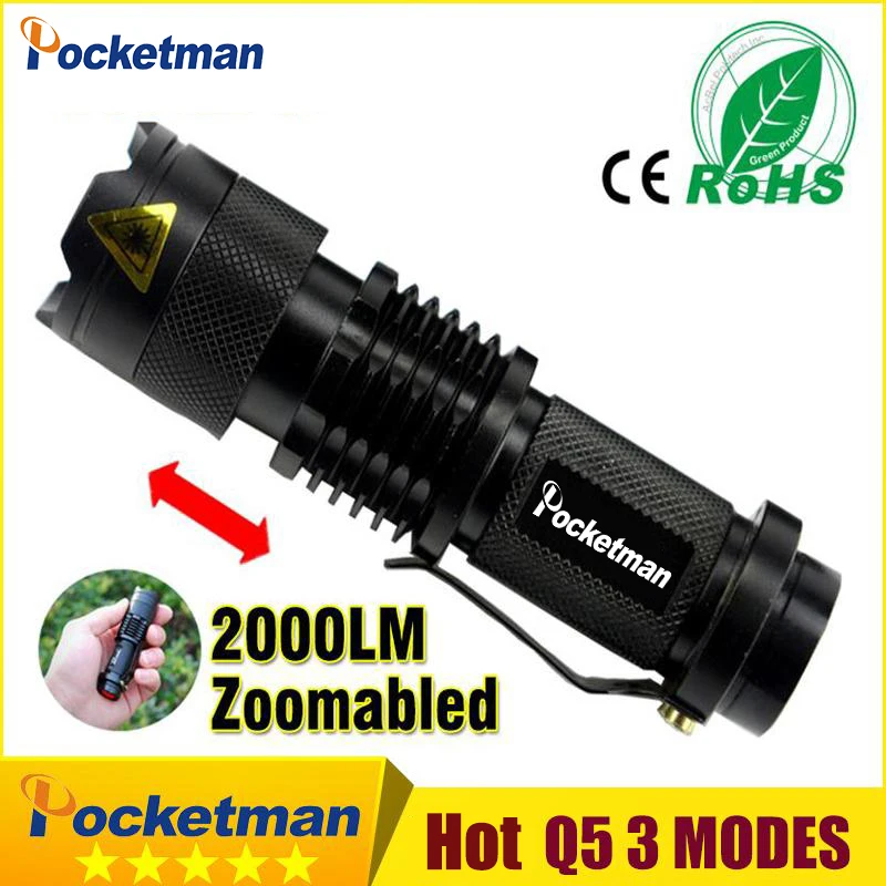 

2018 High Power quality Mini Black 2000LM Waterproof LED Flashlight 3 Modes Zoomable LED Torch penlight free shipping z85+1
