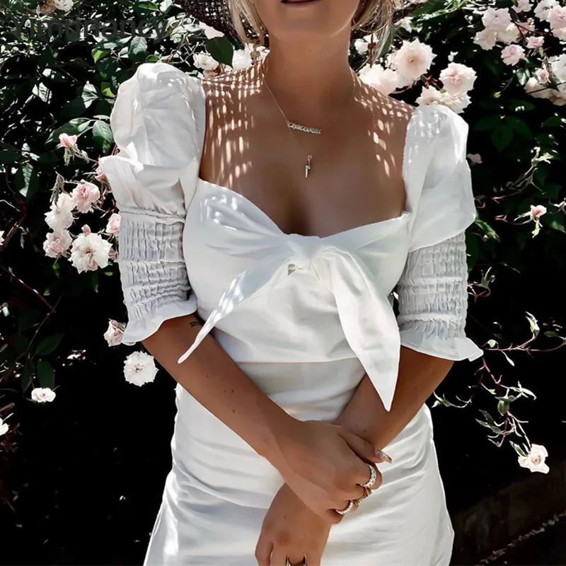 

Yimunancy Puff Sleeve Dress Women Fashion White Dress Elegant Ladies Holiday Bow Dresses Vestidos Robes