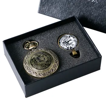 Antique Chinese Style Dragon and Phoenix Pattern Bronze Pocket Watch Necklace Pendant Set with Gift Box Vintage Men Women 51mm 2 collection curio rare chinese fengshui small bronze exquisite animal 12 zodiac year dragon pendant statue statuary 31g