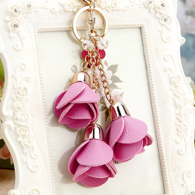 Fashion Long Three Leather Flowers Keychain Key Ring Women Car Bag Handbag Charms Pandent Key ...