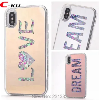 

C-ku For Iphone X 8 8th 7 PLUS 7PLUS 6 6S Liquid Quicksand Diamond Glitter Plating TPU Case LOVE Dream Letter Skin Fashion 50pcs
