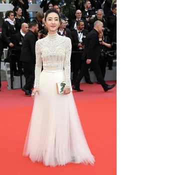 

2018 Fashion Wedding Party Long Dress Women Stand Neck Tulle Mesh Embroidery Patchwork Long Sleeve Maxi Dress Carpet Vestidos
