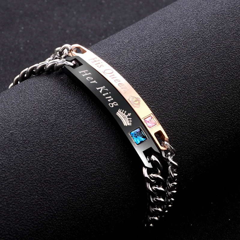 2 Style His Queen Her King Black Rose Gold Color Women’s Male Chain Crystal Couple Bracelet for Men Femmo on Hands Jewelry
