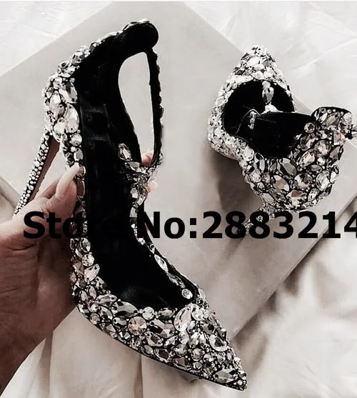 

Diamond Crystal Embellished Pointed Toe Sexy White Black Woman High Heels Evening Party Dress Stiltto Lady Sandals Shoes Pumps