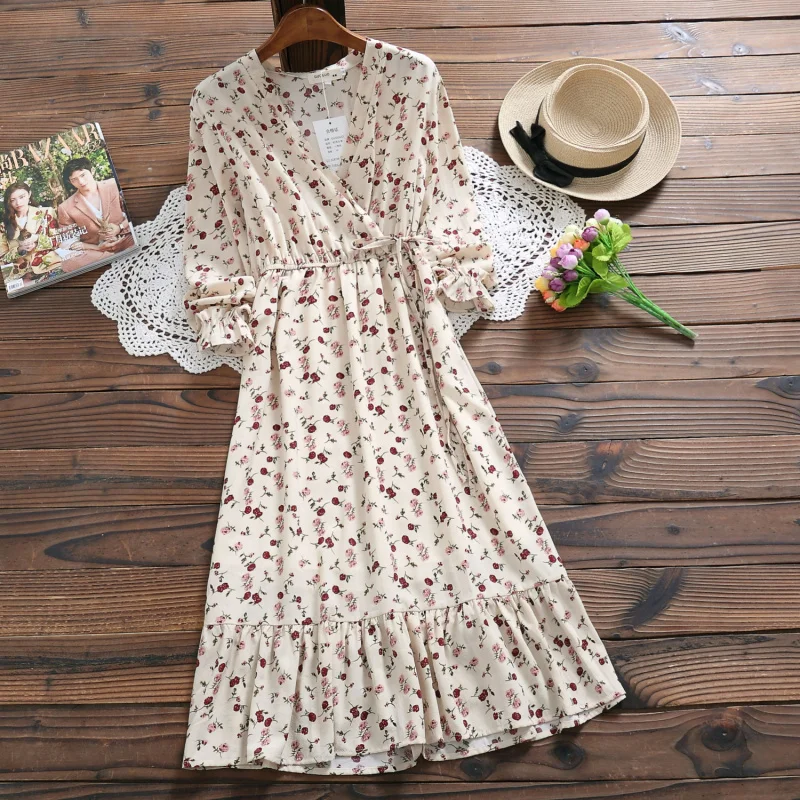 

8435# 2018 Autumn New Women Fashion Elegant Long Sleeve V-neck Chiffon Printed Dress Casual Dress Female Vestidos with Belt