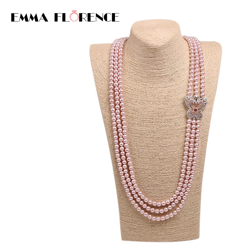 

Multilayer Butterfly Connectors Chains Pearl Necklace Natural Shell Pink Strand Beads Charms Long Pendants Necklaces