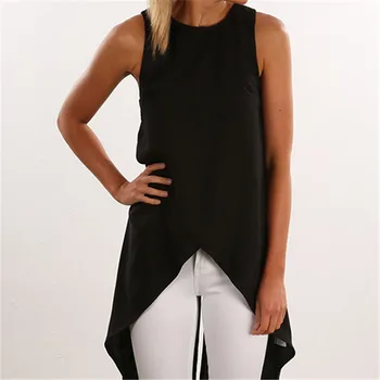 

Women Sleeveless O-Neck Pure Color Chiffon Irregular Hem Blouse Top