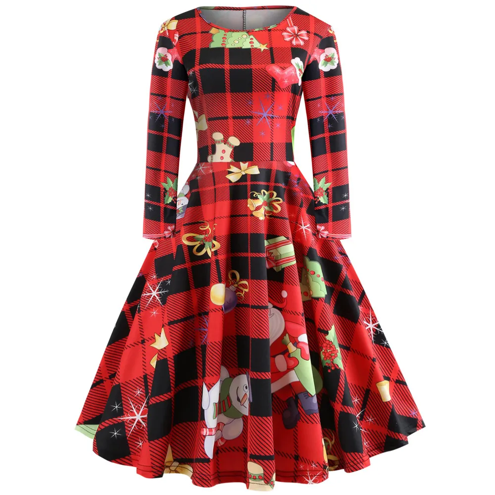 

Drop Shipping Dress Christmas Women's Long Sleeve O Neck Printing Vintage Gown Evening Party Dress Party Dresses Fast Send Z123