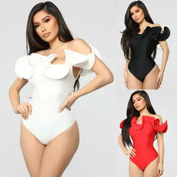 

Elegant Women Off Shoulder Flower Ruffles Bodysuit Leotard Short Sleeve Jumpsuit