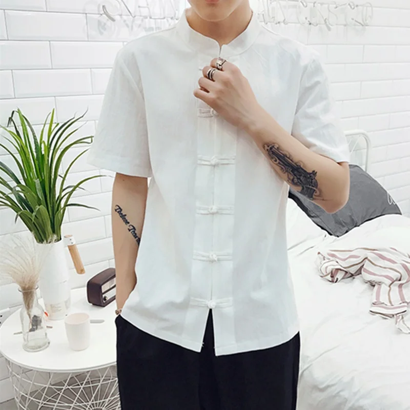 Men's Long Sleeve Linen Shirt Chinese Kung Fu Yoga Button Down Shirts Top Blouse 