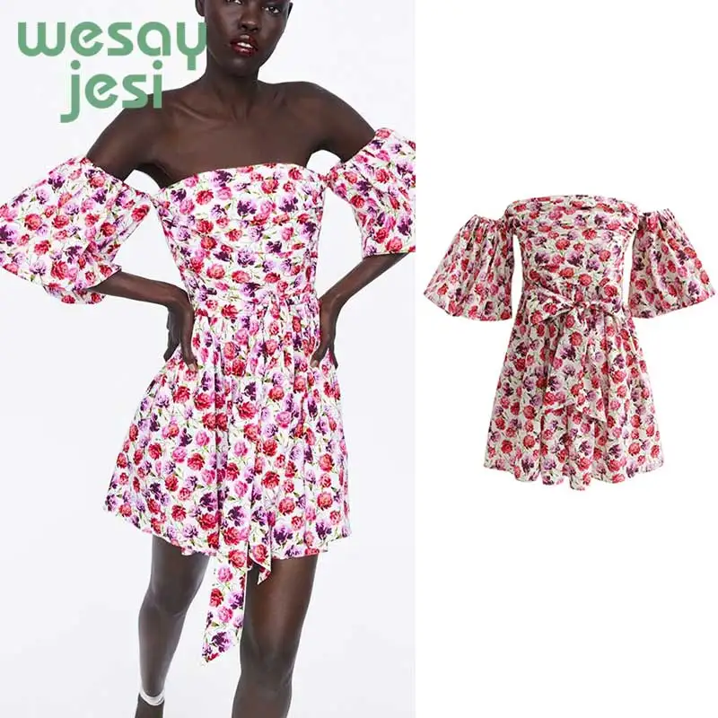 

Off Shoulder Floral Dress Women 2019 new Summer Boho Style beach dresses Party floral print sexy dress Vestidos de fiesta