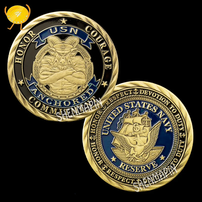 US Navy Pride Honor Courage Commitment Veteran Eagle Goat Octagon Challenge Coin