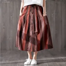 Пэчворк хлопок и лен макси юбки для женщин Летняя мода уличная эластичная талия ретро Buttton плиссированные юбки Femme