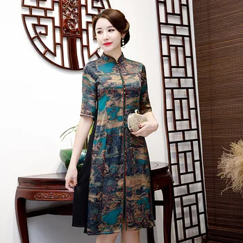 

Stylish Ladies Rayon Cheongsam 2019 Chinese style Mandarin Collar Knee Length Dress Womens Qipao Slim Party Dresses Vestido
