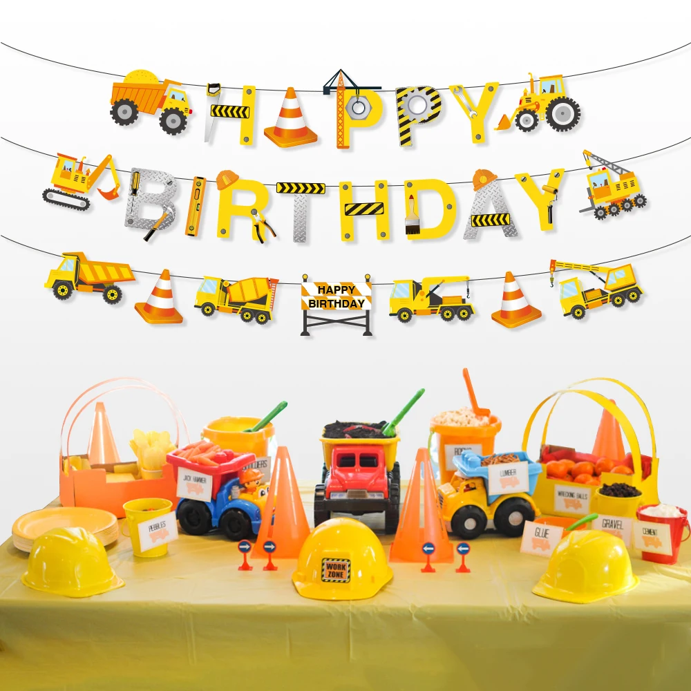 Cartoon Car Excavator Party Banners Construction Theme Happy Birthday Party Decoration Kid's Birthday Party Favor Supplies