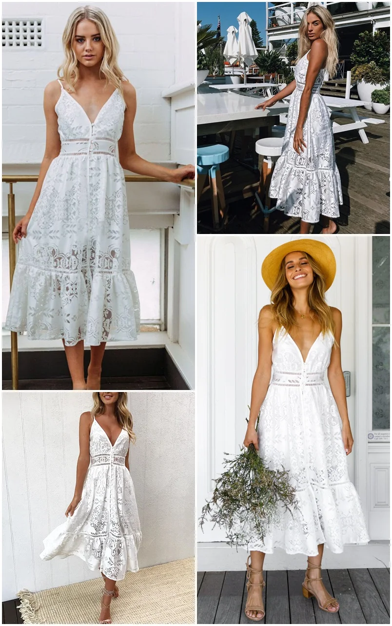 V-neck Lace Strap Button White Backless Midi Dress