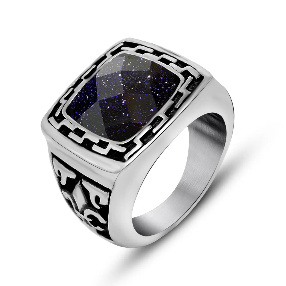 High Quality Blue Sandstone Crystal Solitaire Ring for Men Unique Retro