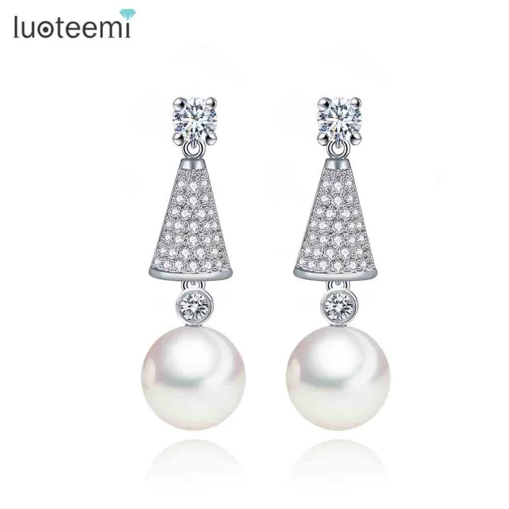 

LUOTEEMI New Delicate Korea Style Drop Earrings Micro Paved CZ with Single Imitation Pearl Pendant Brincos for Girl Christmas