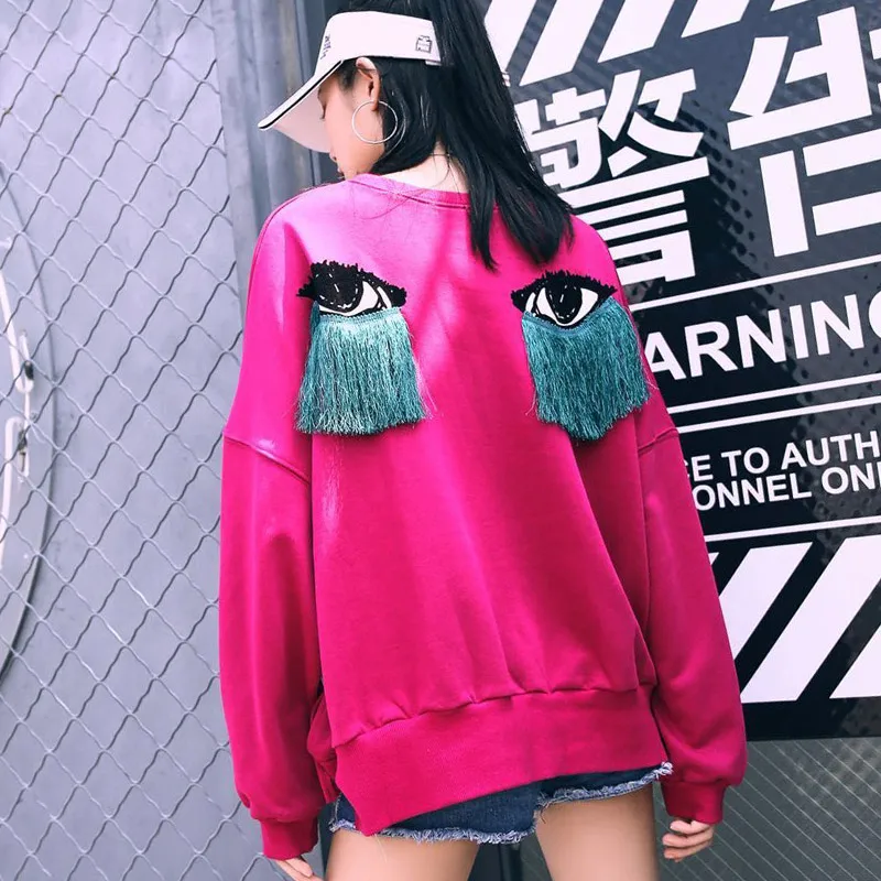 

TREND-Setter 2019 Autumn and Winter Pink Sweatshirt Women Tassel Eyes Pattern Long Sleeve Harakuju Clothes