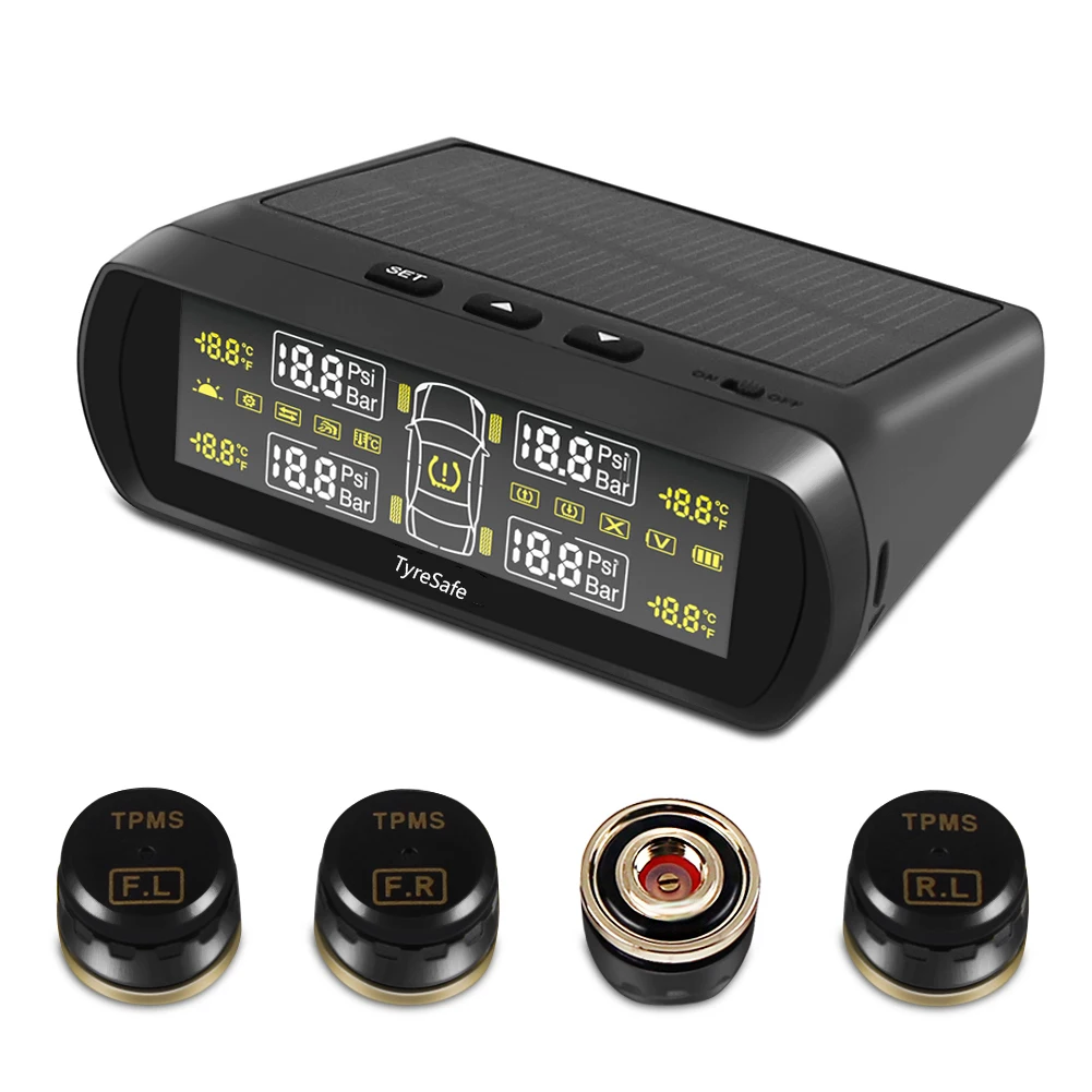 

TPMS Car detector Tire Pressure Monitoring System TP400 Solar Energy Display 4 External Sensor Auto Alarm System Diagnostic tool