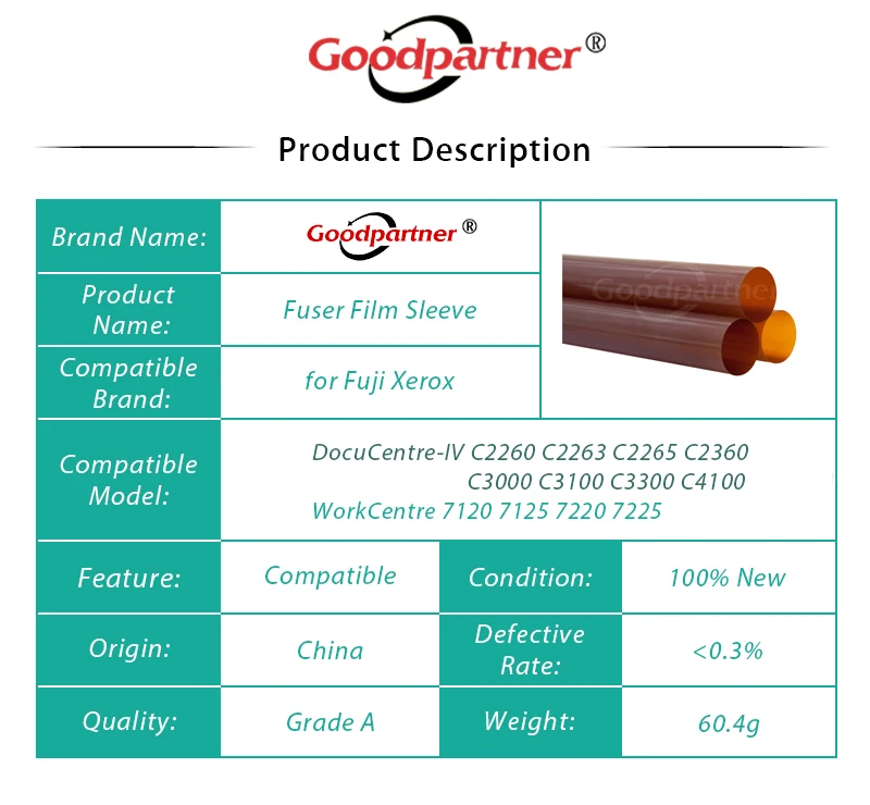 1X трубка-фьюзер для пленки для Xerox DocuCentre-Характеристическая вязкость полимера C2260 C2263 C2265 C2360 C3000 C3100 C3300 C4100 WorkCentre 7120 7125 7225 WC7220