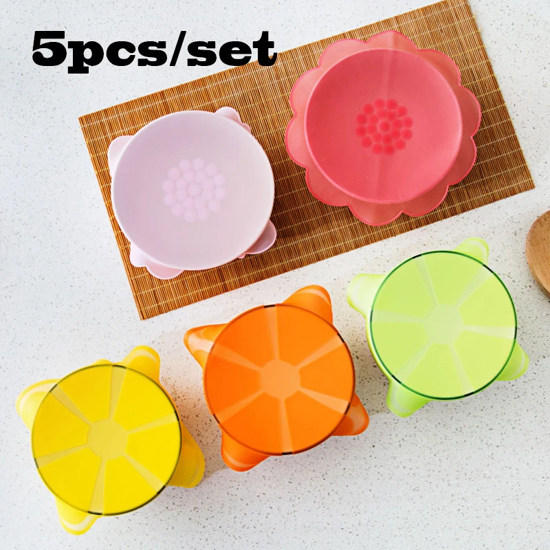 

5pcs/set Reusable Silicone Food Wrap Seal Vacuum Lid Stretch Multifunctional Food Fresh Keeping Saran Wrap Kitchen Tool