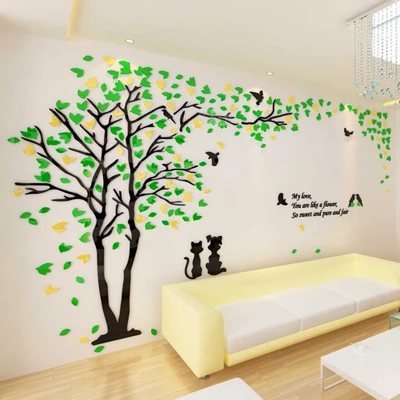3D стикер с парой деревьев, акриловая стерео Наклейка на стену, домашний декор, для гостиной, спальни, дивана, декоративное искусство, креативный - Цвет: DarkGreenYellow Left