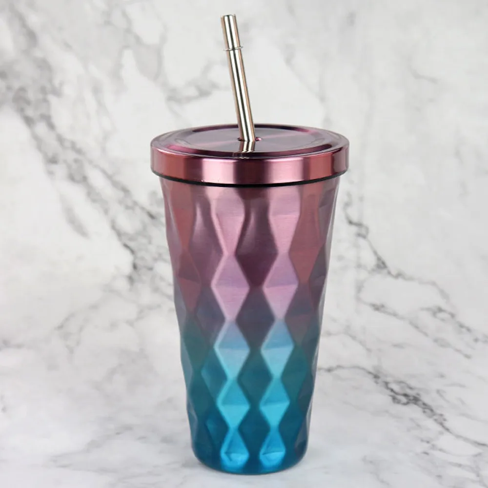 

Diamond Gradient Stainless Steel Cups With Straws 500ml Drinking Tumblers Eco-Friendly Cups Cups D318