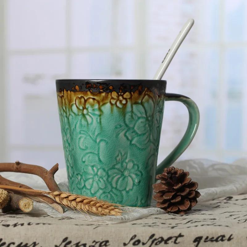 Retro Nostalgia Carving Pattern Ceramic Mug Elegant Embossed Coffee Mug