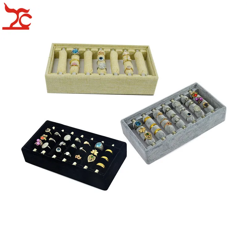 

Fashion Detachable Ring Storage Tray Grey Velvet 7 Ring Bar Case Convenient Linen Ring Holder Organizer Display Tray 24*13*5cm