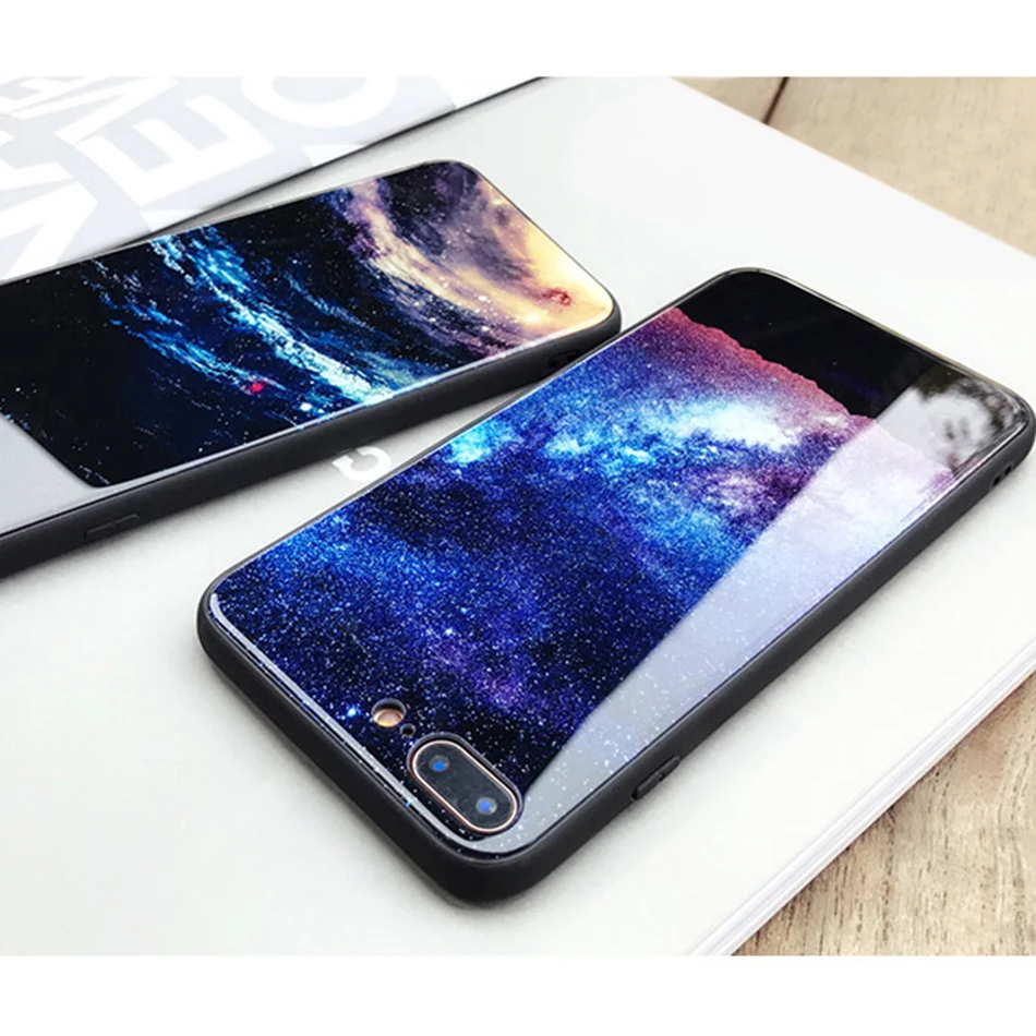 TOMKAS Temper Glass Case For iPhone X 8 7 6 6s Plus Cover Phone Cases For iPhone X 8 7 6 s Case Silicone TPU PC Star Sky Pattern (9)