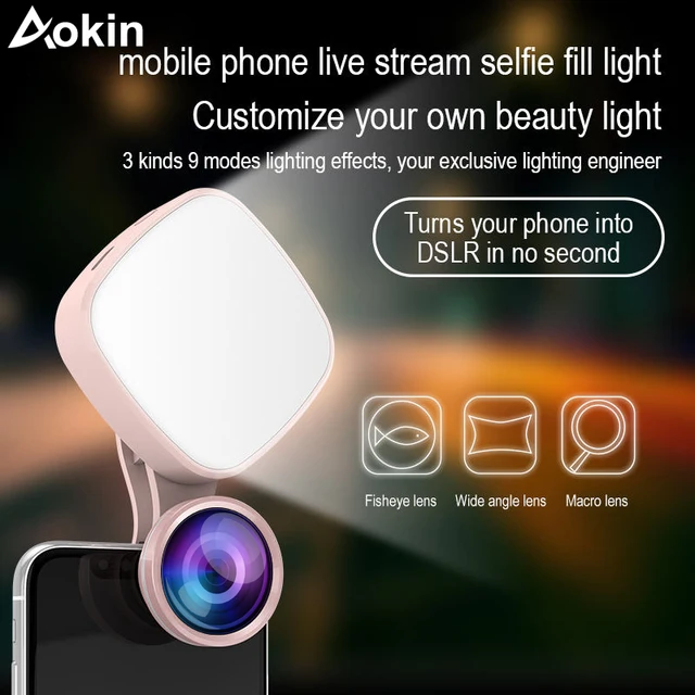 Aokin Selfie Ring Light with HD 3 in 1 Fisheye Wide Angle Macro Lens Flash Led Camera Phone Photography for iPhone Samsung Lens