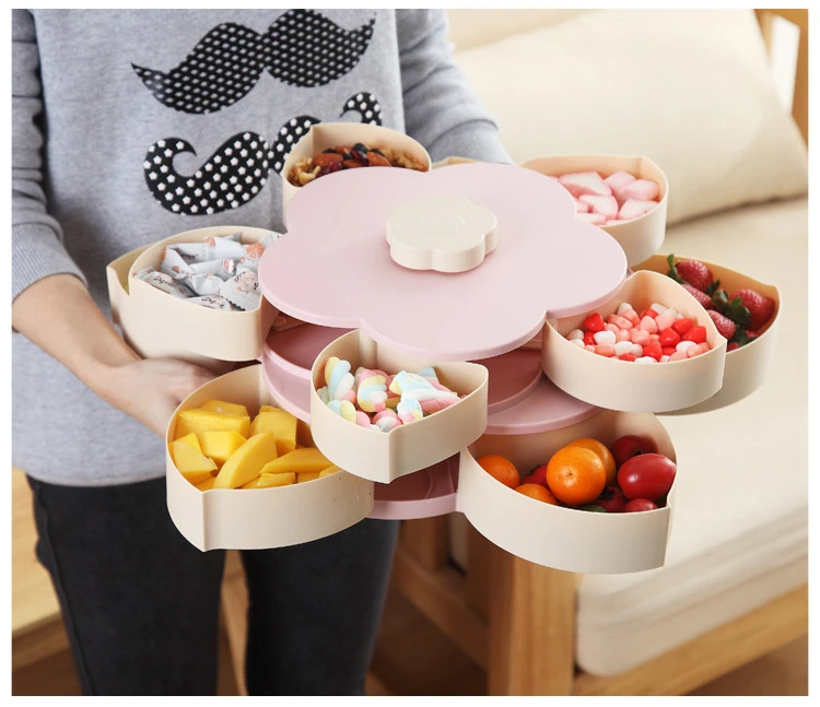 Креативная двухслойная коробка для хранения в форме лепестков, семена, орехи, конфеты, сухие фрукты, коробка для закусок, контейнер, вращающаяся настольная Декорация