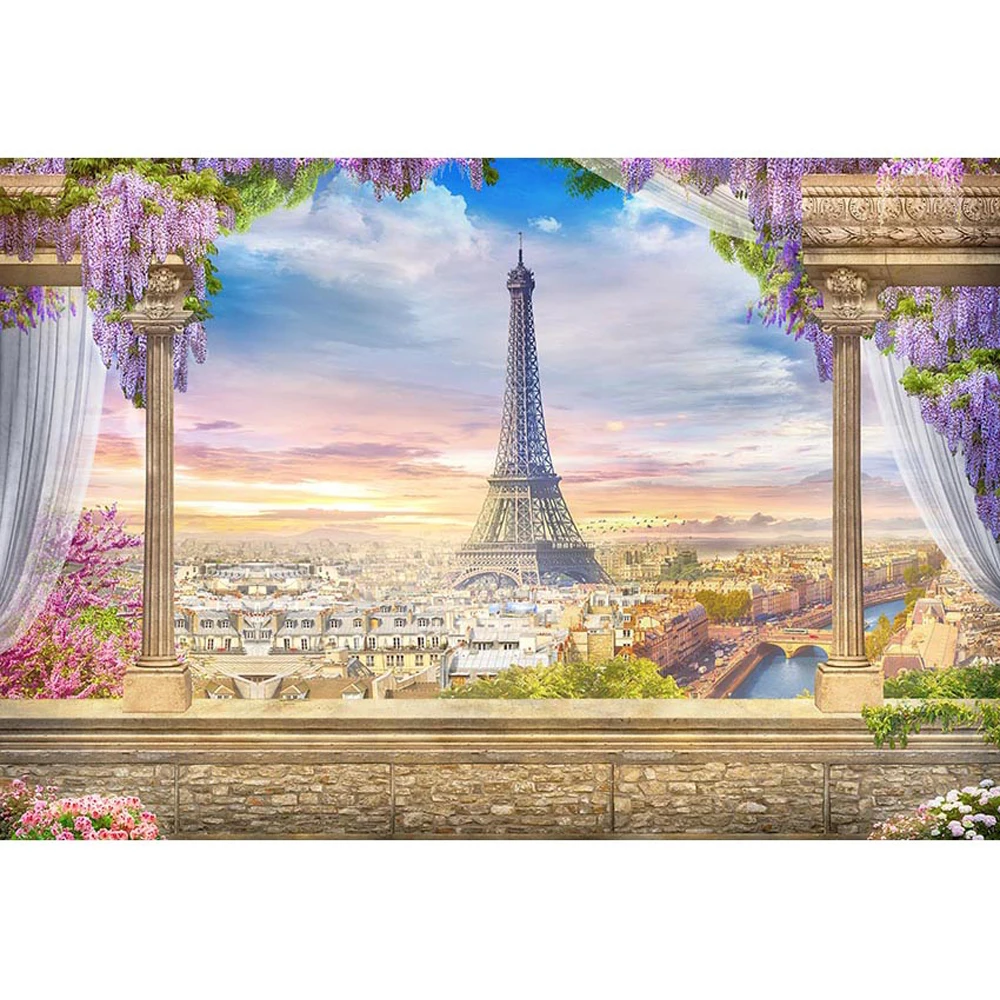 Retro Castle Balcony Wedding Photography Backdrop Paris City View