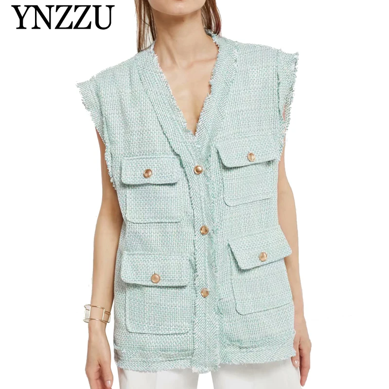 

YNZZU New fashion Women Astrid Tweed Vest Jacket V neck Pockets Buttons sleeveless coat 2019 Autumn Loose feminino outwear YO872
