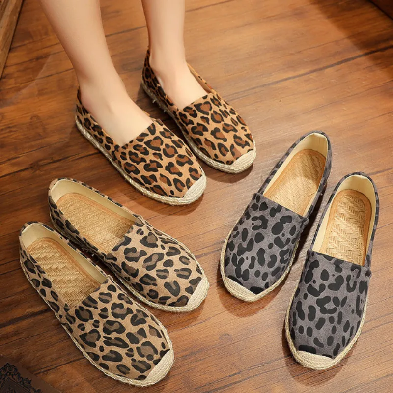 

Dropshipping Leopard Grain Flat Women Shoes Hemp Fisherman Espadrilles Loafers Casual Round Toe Women Flat Shoes Size 35-40