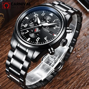 

Carnival Wasserdichte Uhr Pilot Stil Männer schwarz edelstahl Automatische Mechanische Datum Uhren Uhr relogio maskuline 40 MM
