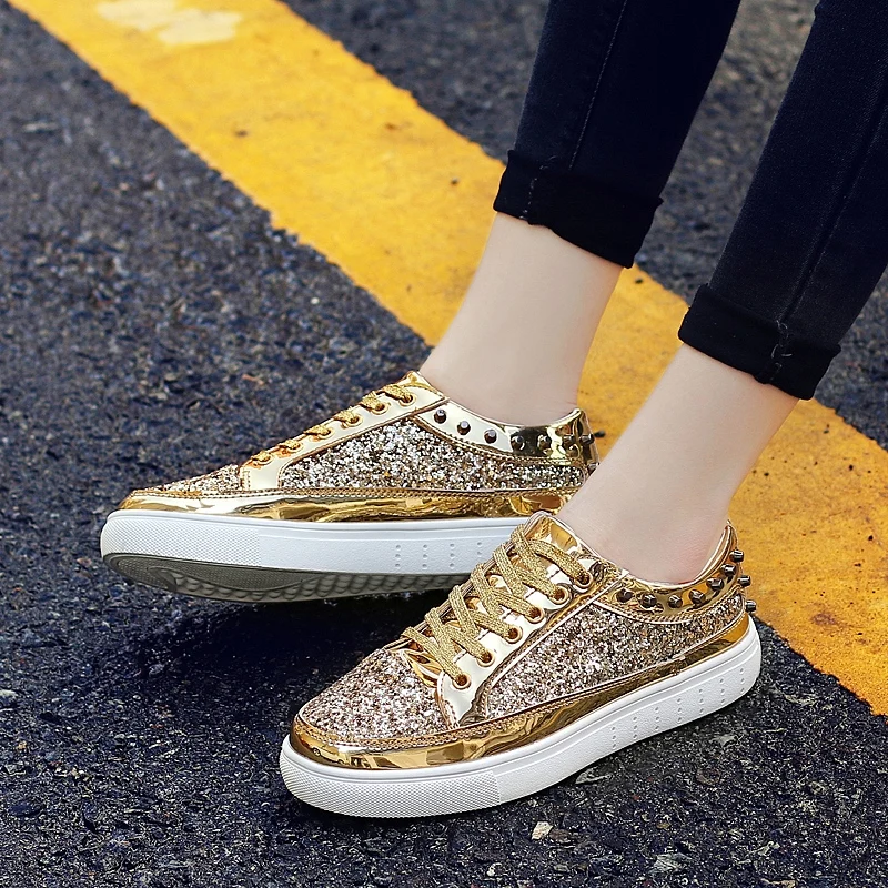 RECOISIN летние Коренастый кроссовки Для женщин Блестящий Bling Обувь на плоской подошве на шнурках обувь женская корзина Femme кроссовки обувь кроссовки Криперс