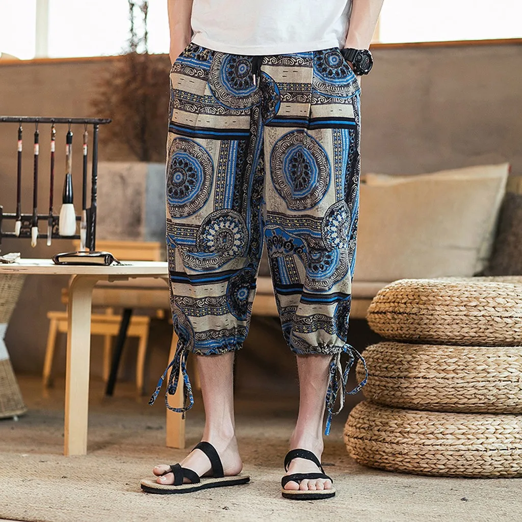 Mens Linen Pants Casual Slim Sports Pants Calf-Length Print Trousers Baggy Harem Pant