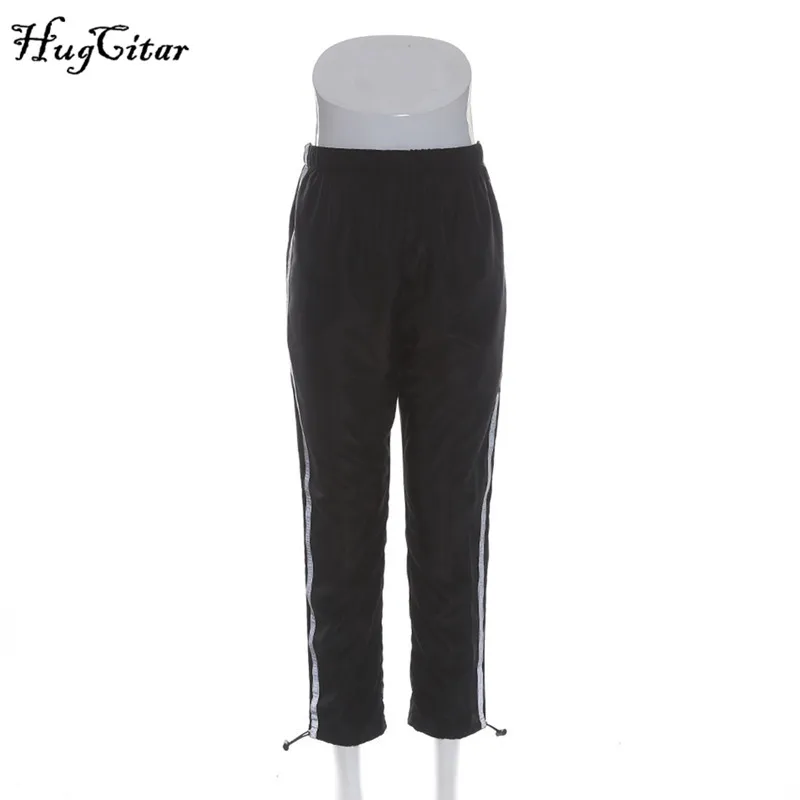 Hugcitar high waist reflective strip patchwork cargo pants 2019 autumn women club streetwear trousers Hugcitar high waist reflective strip patchwork cargo pants 2019 autumn women club streetwear trousers
