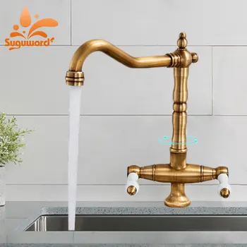 

Antique Brass Kitchen pull out Faucet Hot and Cold Deck Mounted Mixer Tap dual Holder One Hole