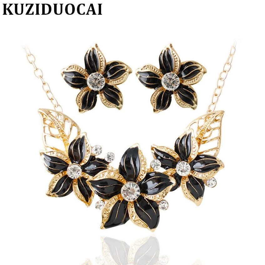 

Kuziduocai New Fashion Jewelry Set Metal Crystal Flowers Stud Earrings choker Necklaces Pendant For Women Brincos Statement C-8