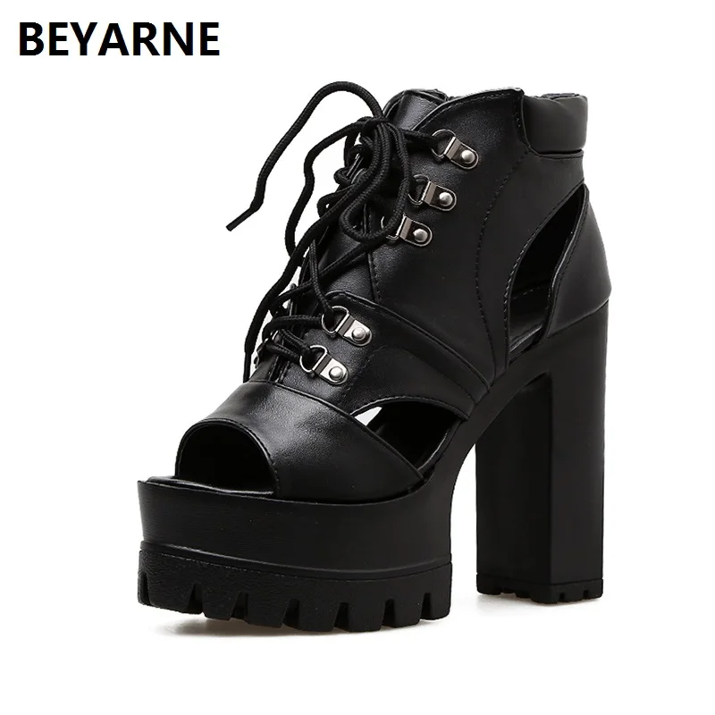 

BEYARNE lady super high heels sandals woman summer dress party nightclub shoes platform sandal fish mouth lace up 35-39 13cm